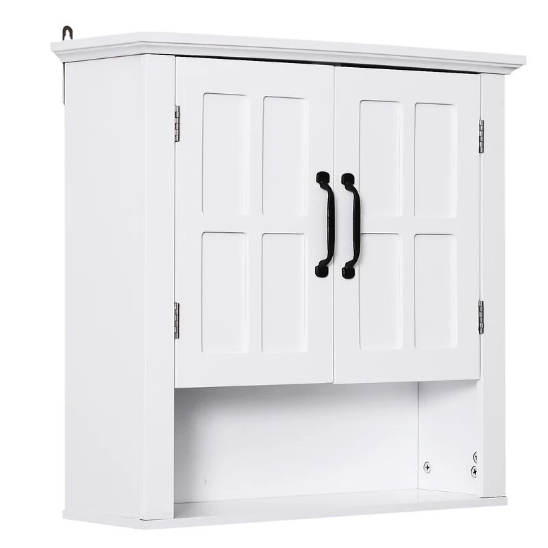 Armoire haute murale de salle de bain 60 x 20 x 58 cm rangement 2 portes 2 étagères niche style classique en MDF blanc 21_0000981