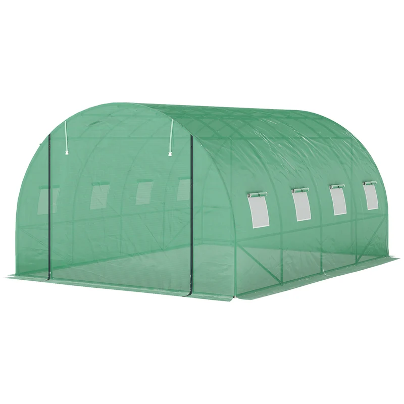 Serre tunnel de jardin 298 x 398 x 198 cm porte enroulable aération naturelle finition mate moderne épuré en pe vert 21_0005520