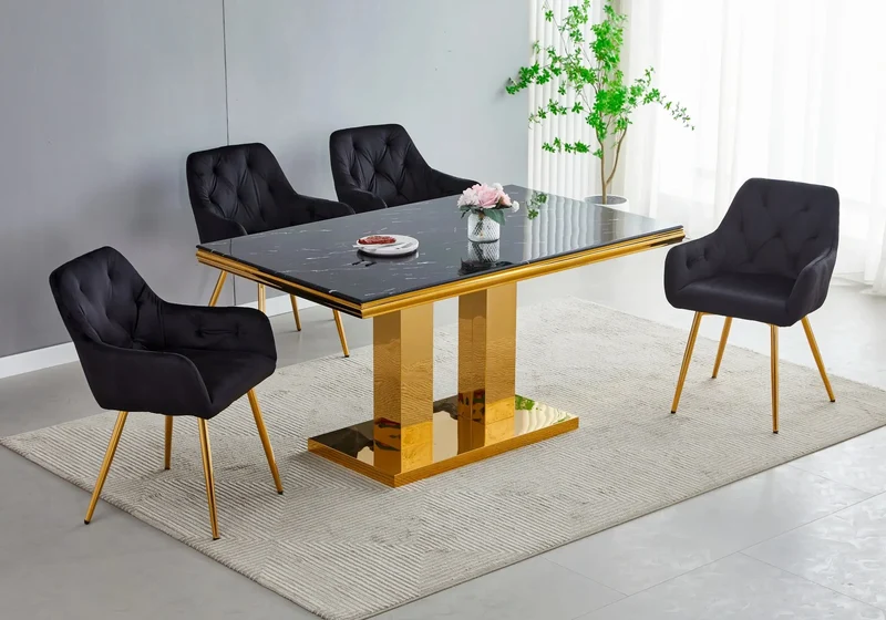 Ensemble table chaise dorée marbre noir - Versus