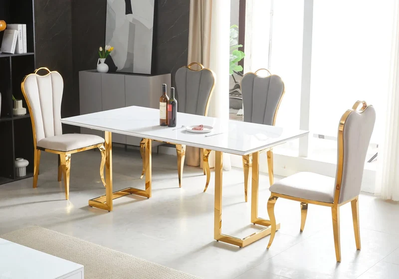 Ensemble table chaise dorée céramique marbre blanc - Odel