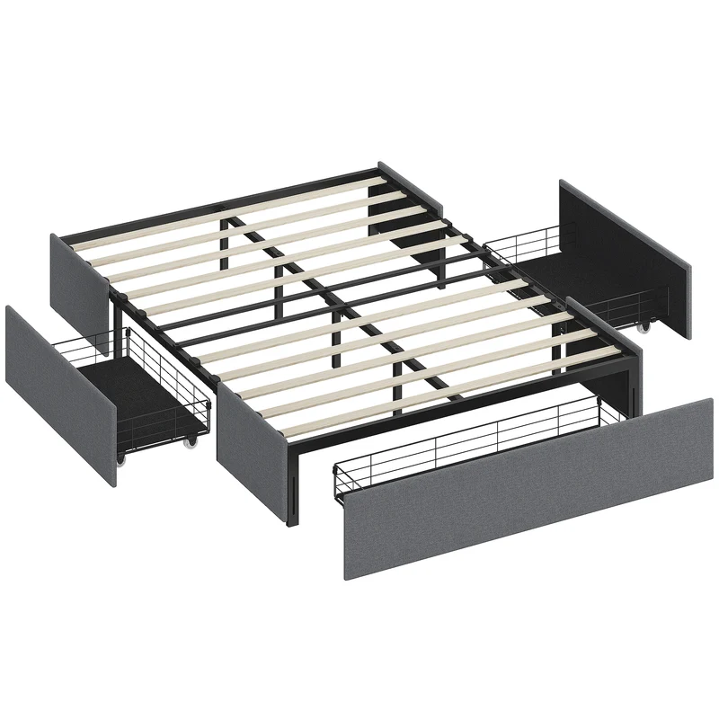 Lit coffre double rembourré 140 x 190 cm rangement 3 tiroirs sommier silencieux sans bruit design épuré en polyester gris 21_0003787