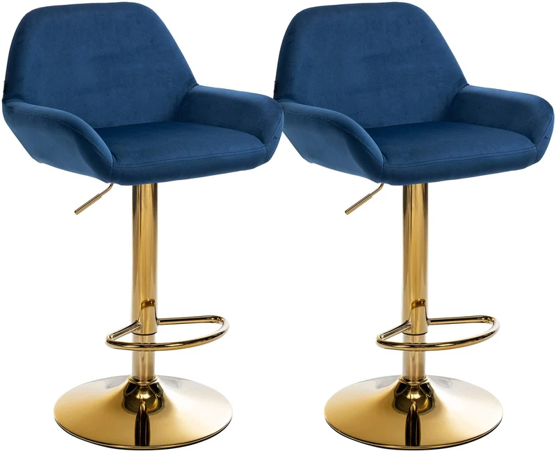 Lot de 2 tabourets de bar repose-pieds intégré revêtement velours bleu structure en métal doré TDB10735