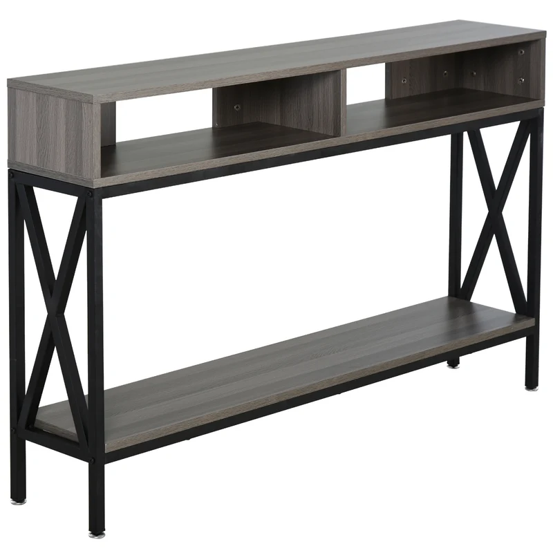 Table console d'entrée industrielle 120 x 23.5 x 75 cm multi rangements étagère basse style contemporain en bois gris 21_0002612
