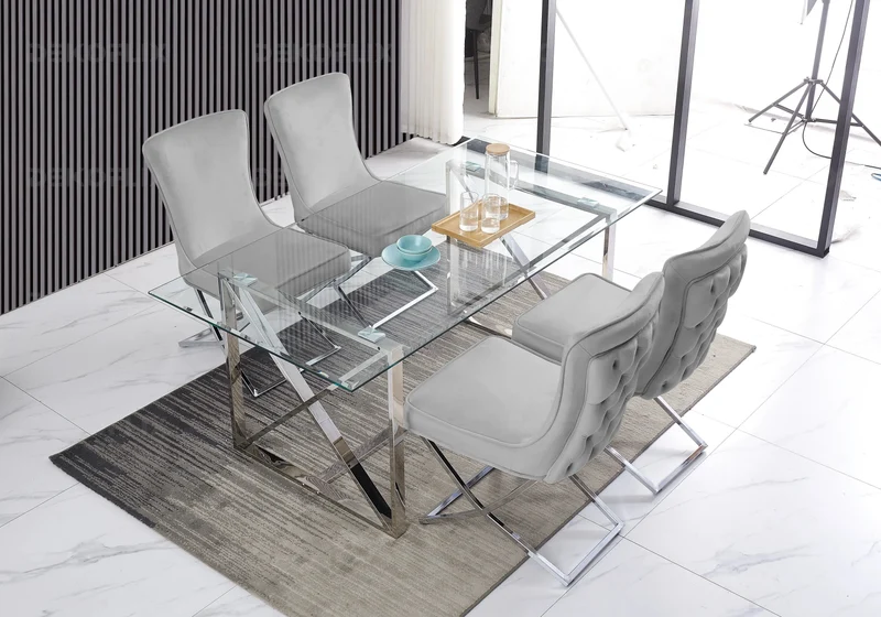 Table verre et 4 chaises velours gris argent - Enzo