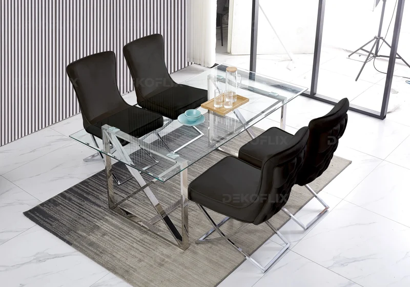 Table verre et 4 chaises velours noir argent - Enzo