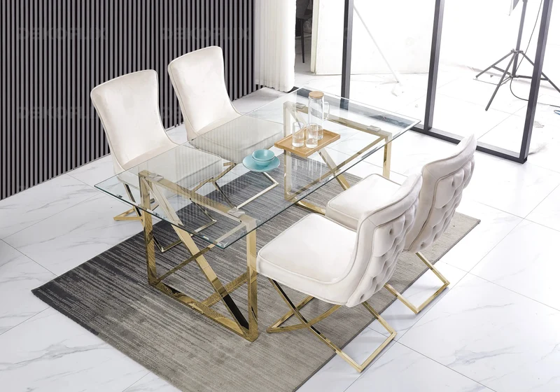Table verre et 4 chaises velours beige dorée - Enzo