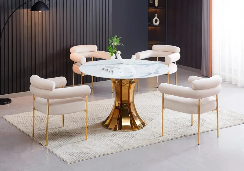 Ensemble table chaises dore céramique marbre - Sidy