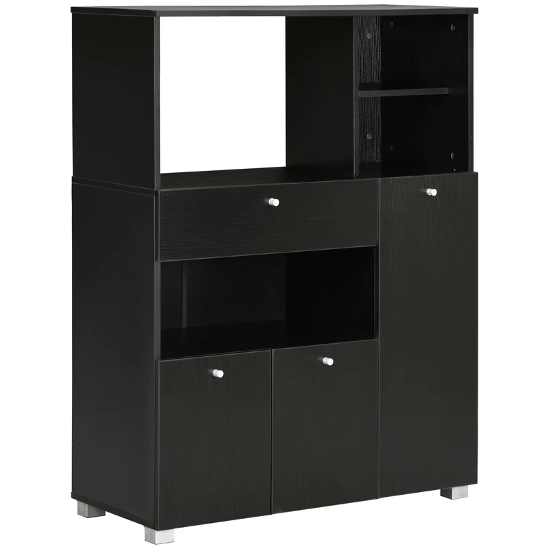 Meuble micro-ondes multi rangements 90 x 40 x 120 cm utile tiroir coulissant contemporain en panneau de particules noir 21_0002226