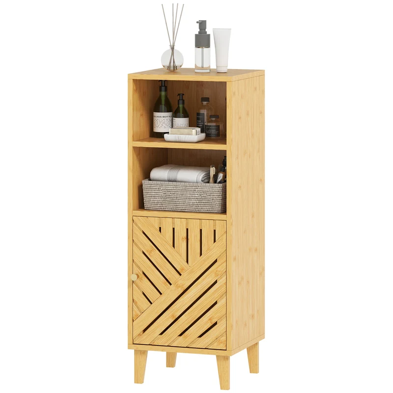 Meuble de salle de bain étroit 32 x 30 x 90 cm rangement ventilé gain de place scandinave épuré en bambou bois naturel 21_0002109