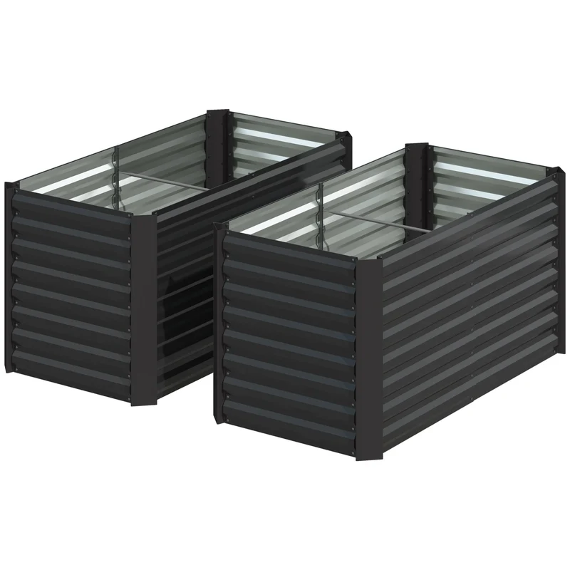 Lot de 2 bacs surélevés carrés potagers 120 x 60 x 60 cm fond ouvert profond et moderne en acier galvanisé gris foncé 21_0005500