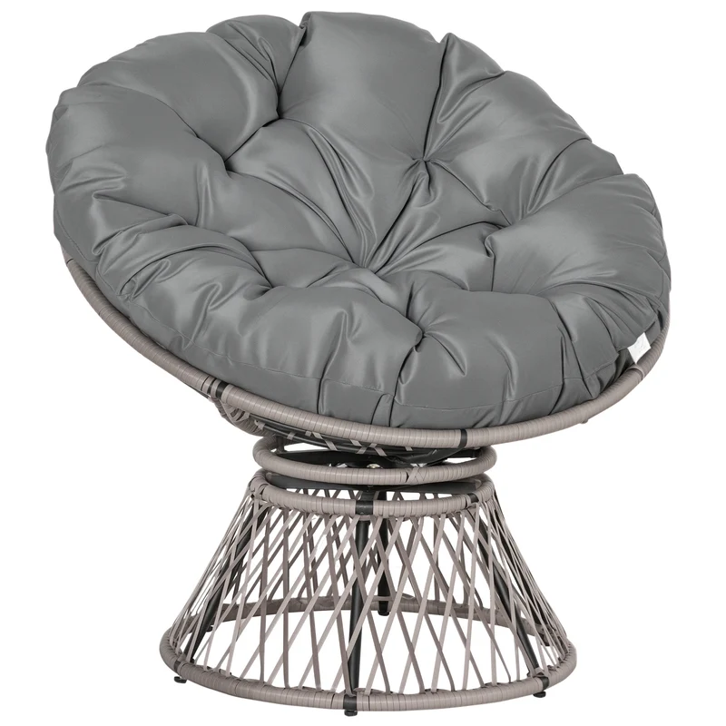 Fauteuil papasan rond pivotant 87 x 97 x 86 cm rotation 360° coussin moelleux salon style vintage en résine tressée gris 21_0006037