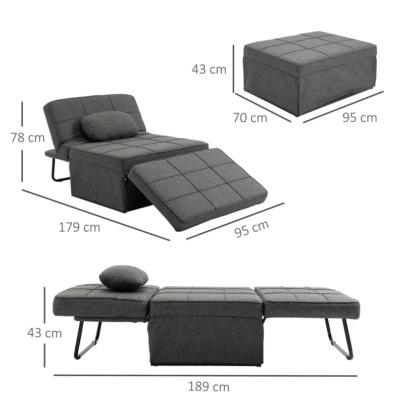 Fauteuil chauffeuse 1 place convertible 95 x 179 x 78 cm dossier 5 positions assise mousse 28d contemporain en lin gris 21_0003016