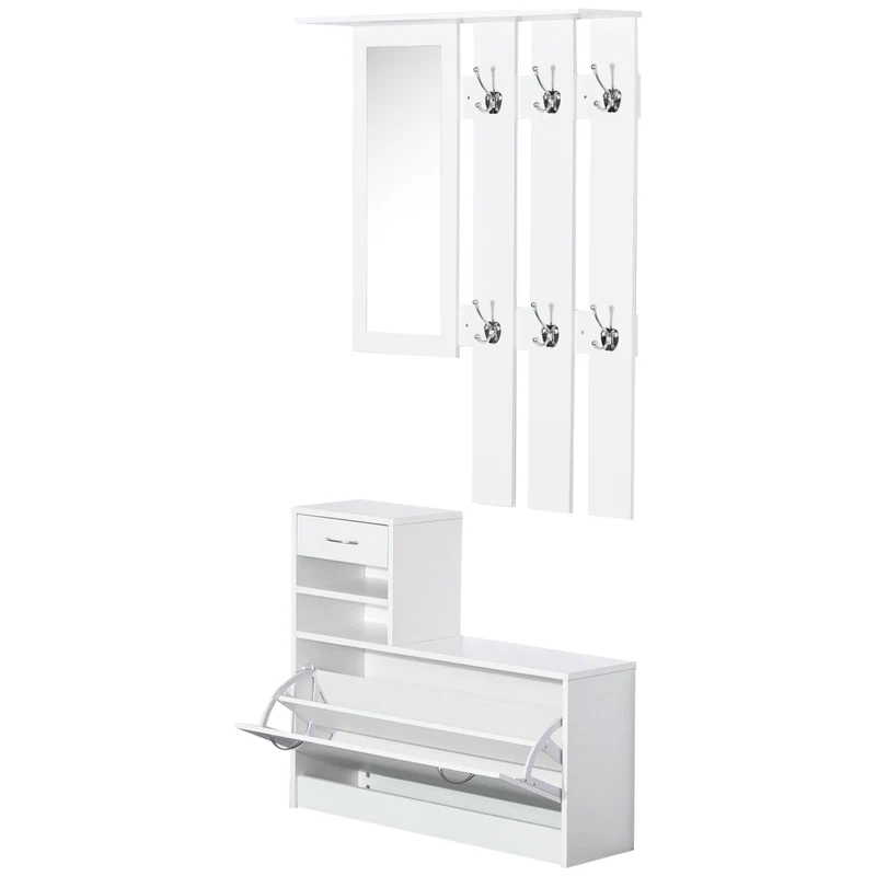 Ensemble meuble d'entrée vestiaire 3 en 1 90 x 24 x 91 cm rangements modulables miroir intégré contemporain en bois blanc 21_0001413