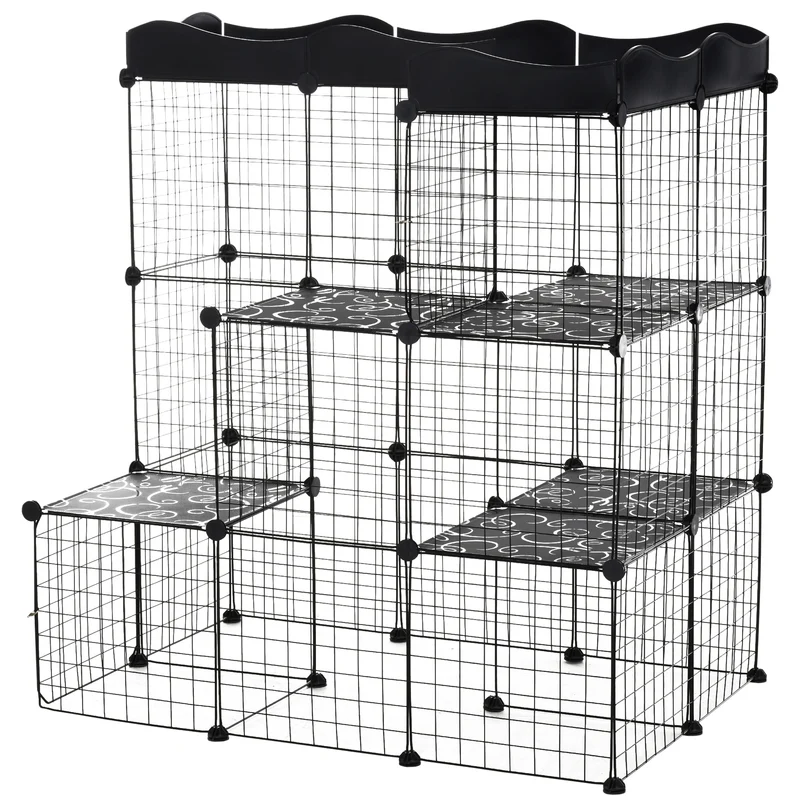Cage parc enclos pour petits animaux modulable 105 x 70 x 116 cm sécurité et ventilation maillage moderne en métal noir 21_0007927