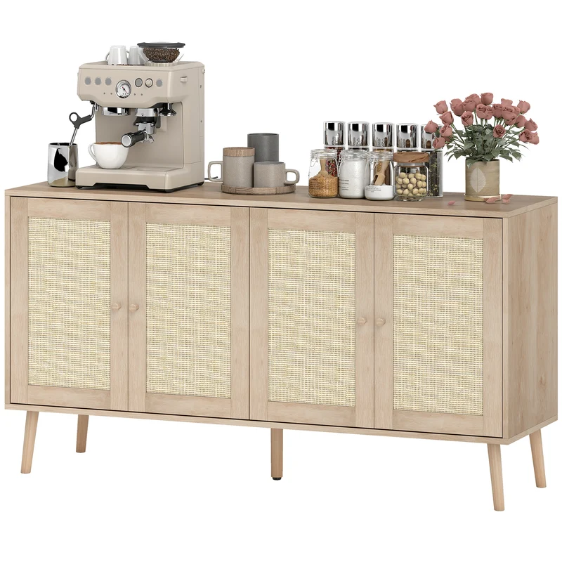 Buffet salon 140 x 40 x 75 cm portes en cannage étagères réglables scandinave en panneau de particules bois naturel 21_0003449