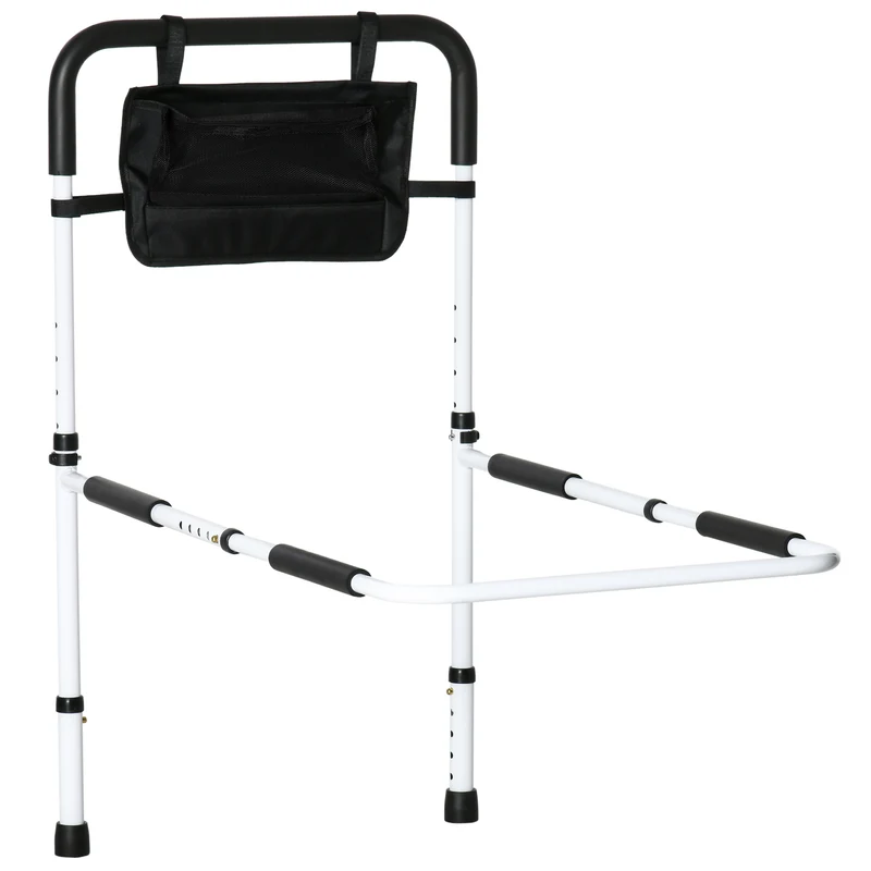 Barre d'appui lit sur pieds 85-95 x 52 x 71-102 cm protection réglable 5 hauteurs pochette rangement épuré en acier blanc 21_0000890
