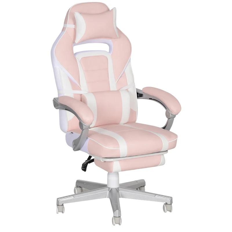 Fauteuil de jeu 115.5-123 x 63 x 63 cm dossier inclinable 150° repose-pieds rétractable moderne pour bureau en PU rose 21_0006269