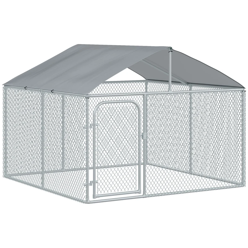 Chenil extérieur avec toit 230 x 230 x 175 cm idéal pour chiens moyens ombrage porte sécurisée moderne en acier argent 21_0007280
