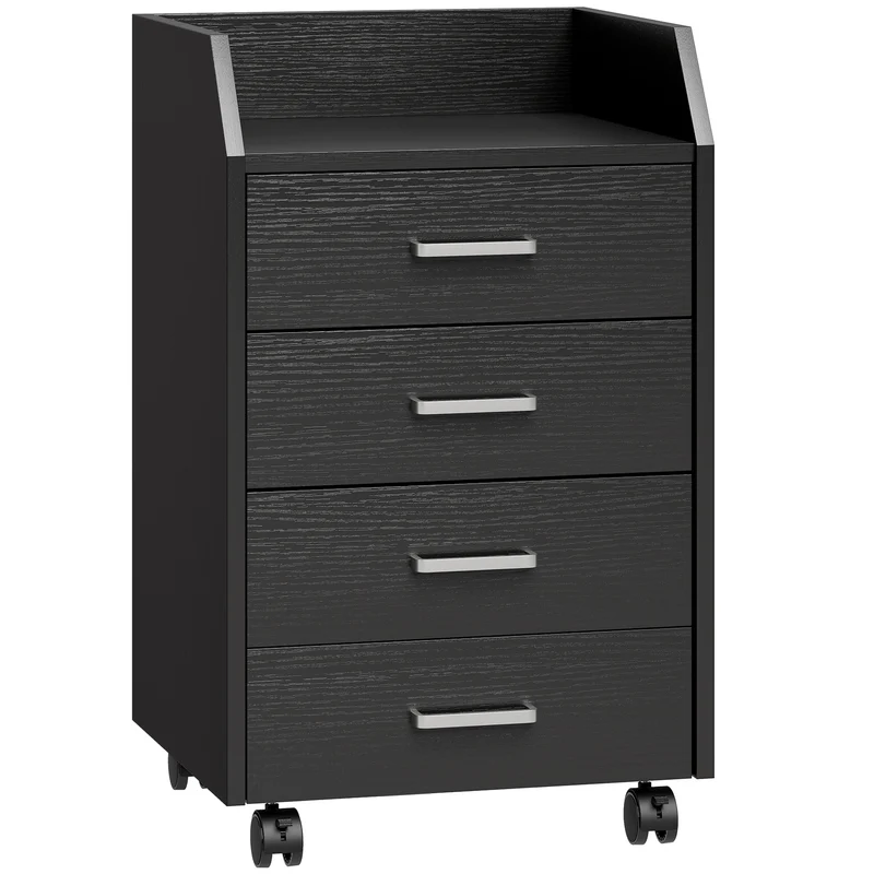 Caisson de bureau sur roulettes 4 tiroirs 40 x 36 x 65 cm rangement mobile avec freins style moderne épuré en MDF noir 21_0006385