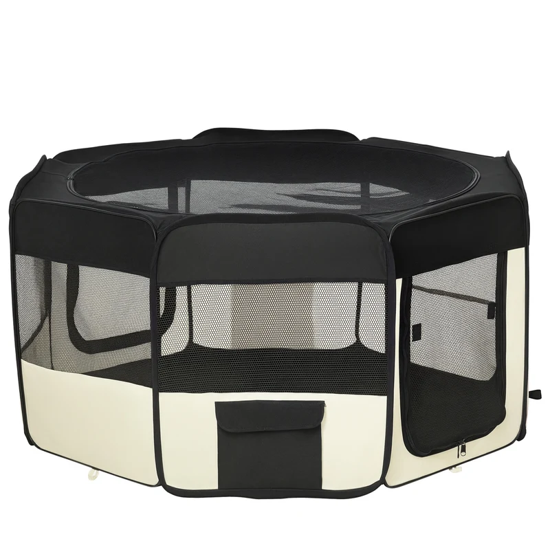 Parc enclos pliable octogonal pour chien et chat 120 x 58 cm coussin imperméable amovible léger moderne en tissu noir 21_0007597