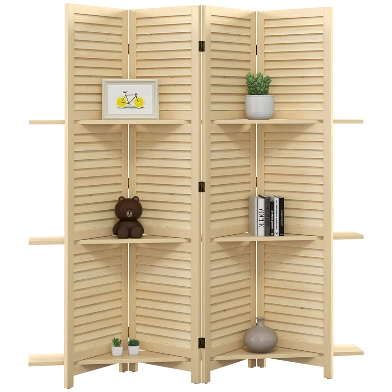 Paravent intérieur 4 panneaux 160 x 1,9 x 170 cm séparateur pliable trois étagères scandinave épuré en bois naturel 21_0001226