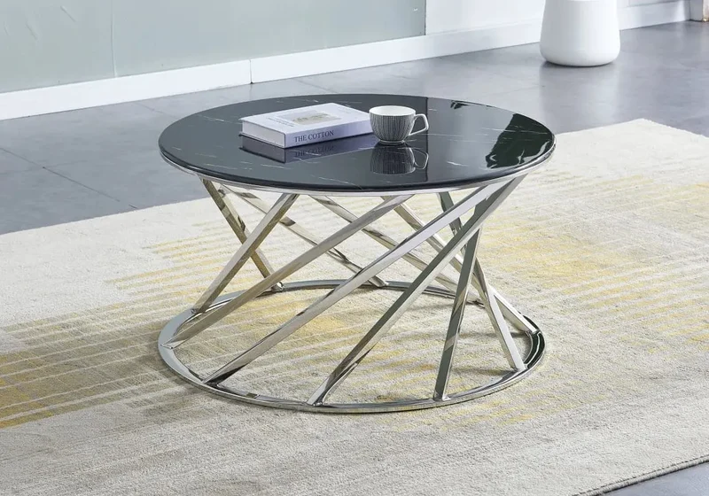 Table basse ronde argent marbre noir - Elga