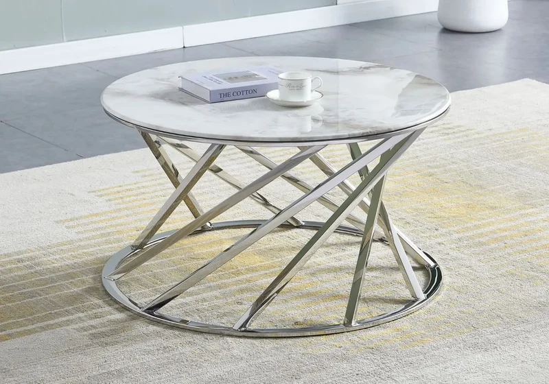 Table basse ronde argent marbre beige - Elga