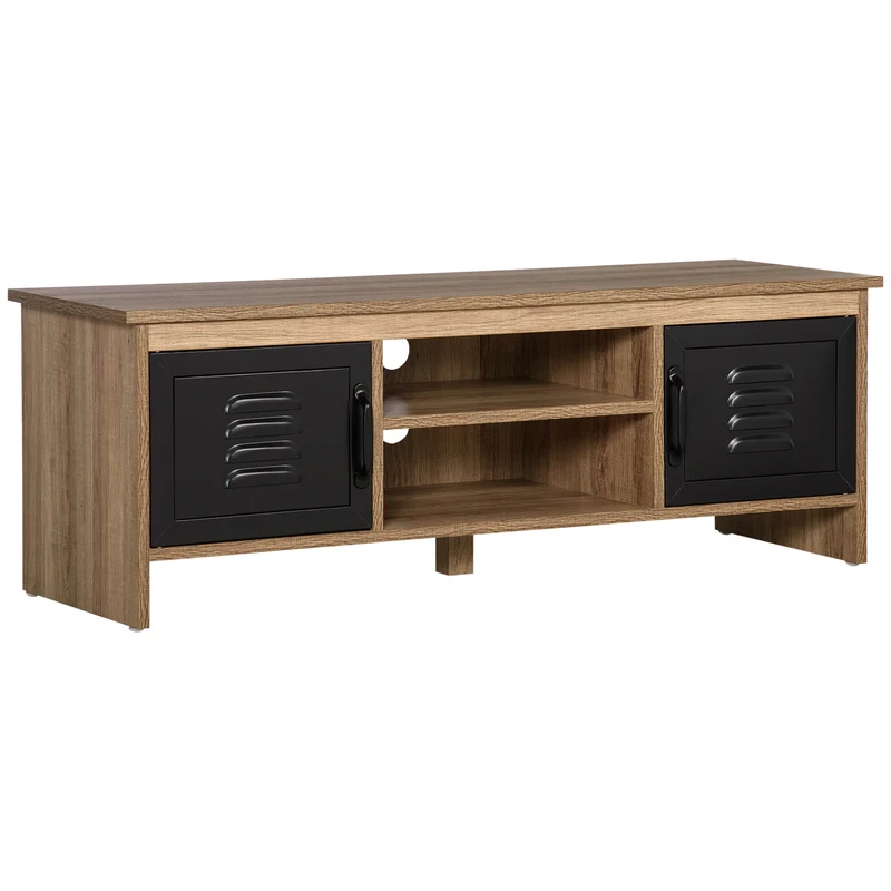 Meuble tv banc 109 x 35 x 38 cm rangement large passe-fils portes métal design industriel en panneau de particules brun 21_0003017