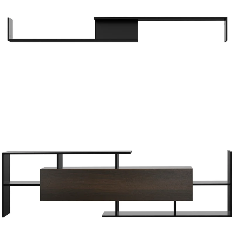 Ensemble meuble tv banc avec étagère murale 153,6 x 25 x 42 cm rangement design moderne en panneau de particules noir 21_0003075