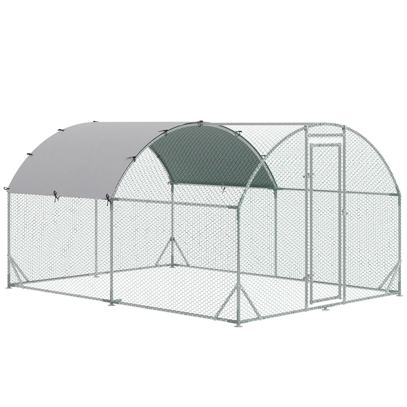 Enclos poulailler grillagé extérieur 280 x 380 x 197 cm toit antiuv porte sécurisée rustique en acier galvanisé argent 21_0007945