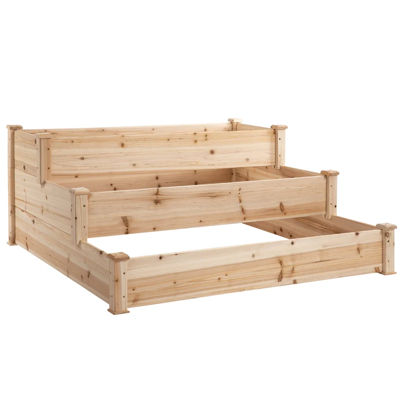 Carré potager surélevé en escalier 124 x 124 x 56 cm optimise exposition et croissance racines rustique en bois naturel 21_0004191