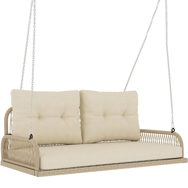 Banc suspendu extérieur 115 x 66 x 44 cm assise 2 places coussins lavables scandinave jardin en résine tressée beige 21_0006073