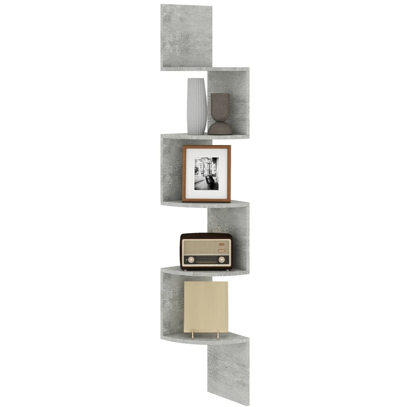 Étagère d'angle zigzag rangement 20 x 20 x 126 cm gain de place 5 niveaux moderne salon en panneaux de particule gris 21_0001218