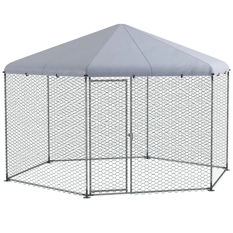 Enclos poulailler extérieur 400 x 346 x 263 cm porte verrouillable anti prédateurs industriel en acier galvanisé argent 21_0007972