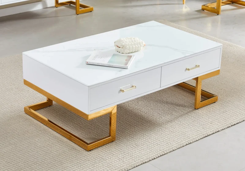 Table basse dorée marbre blanc - Odel