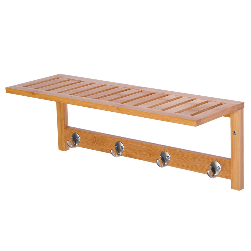 Porte-manteau mural étagère 50 x 17 x 20 cm gain de place 4 patères scandinave entrée salle de bain en bambou naturel 21_0001429