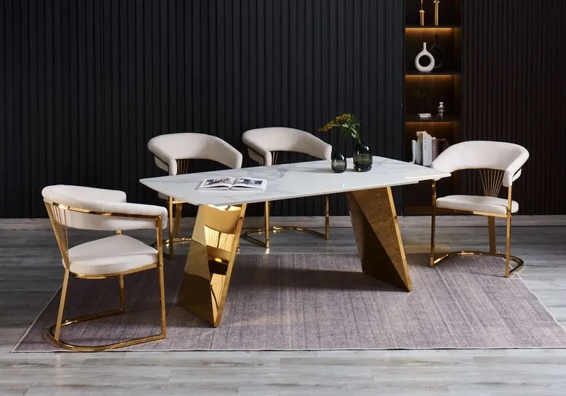 Ensemble table chaise doré céramique marbre blanc - Lala