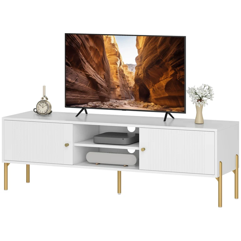 Meuble télé pour écran 65 pouces 140 x 38 x 45,9 cm grands rangements et gestion de câbles design épuré en MDF blanc 21_0003565