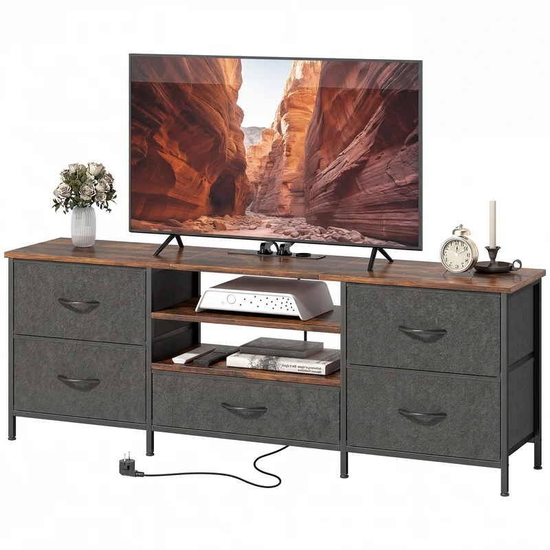 Meuble tv 65 pouces 140 x 30 x 50 cm 5 tiroirs station de charge style industriel épuré en panneau de particules marron 21_0003626