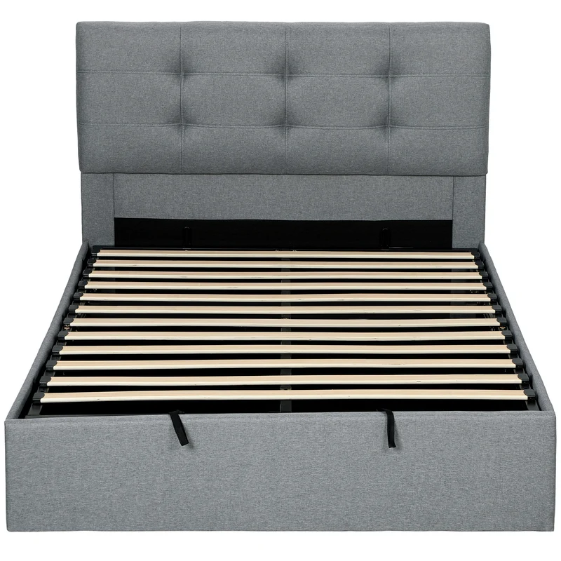Lit coffre rembourré 140 x 190 cm grand rangement sommier à lattes contemporain doux tête capitonnée en polyester gris 21_0003759