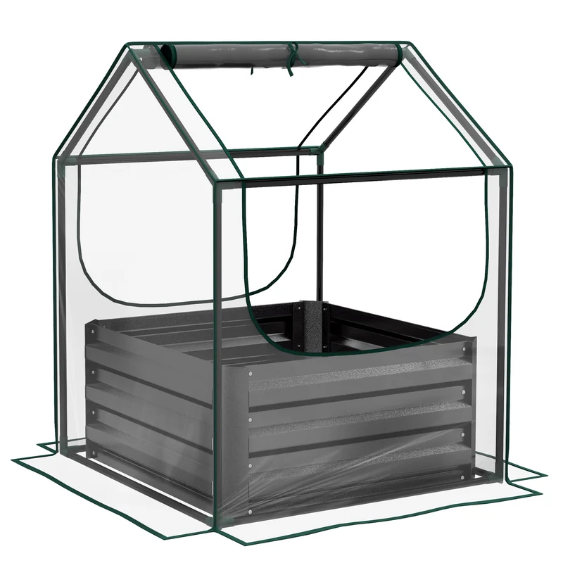 Carré potager surélevé mini serre 70 x 70 x 90 cm fond ouvert accès facile contemporain en acier galvanisé gris foncé 21_0004373