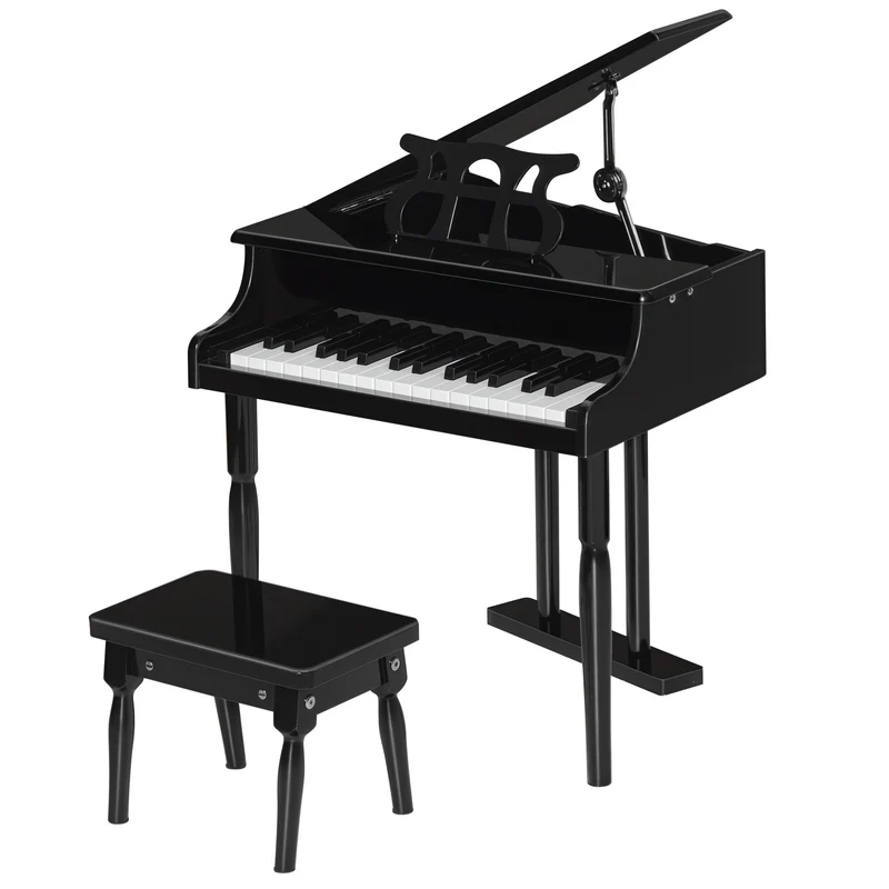 Piano à queue pour enfant 52 x 50 x 49 cm éveil musical tabouret et pupitre inclus design féminin compact en MDF noir 21_0008045