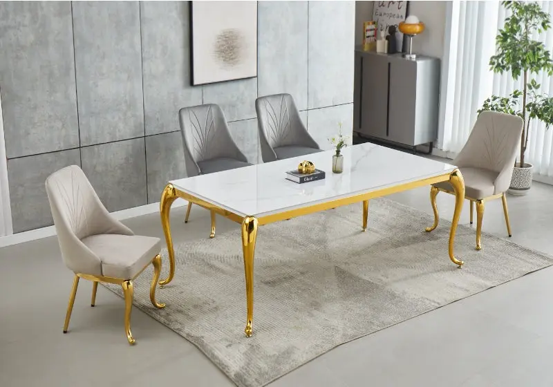 Table à manger dorée céramique marbre blanc - Sofie