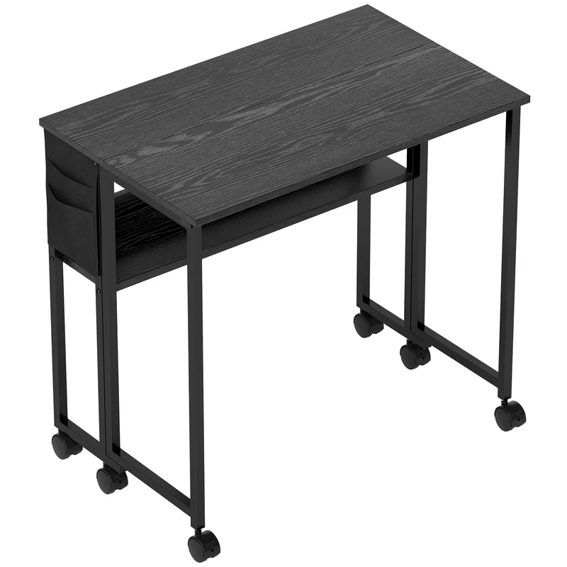 Bureau pliable sur roulettes 80 x 50 x 75 cm gain de place mobile avec étagère et sac de rangement moderne en MDF noir 21_0002532