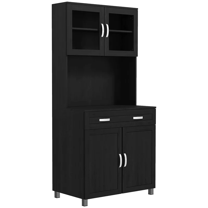 Buffet haut de cuisine 80 x 48 x 170 cm étagères réglables plan de travail spacieux style classique moderne en MDF noir 21_0002196