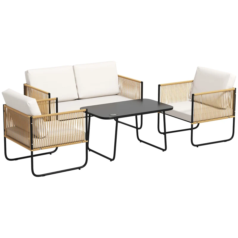 Salon de jardin 4 pièces véranda 110 x 61 x 63 cm housses amovibles plateau style scandinave en résine tressée crème 21_0005976