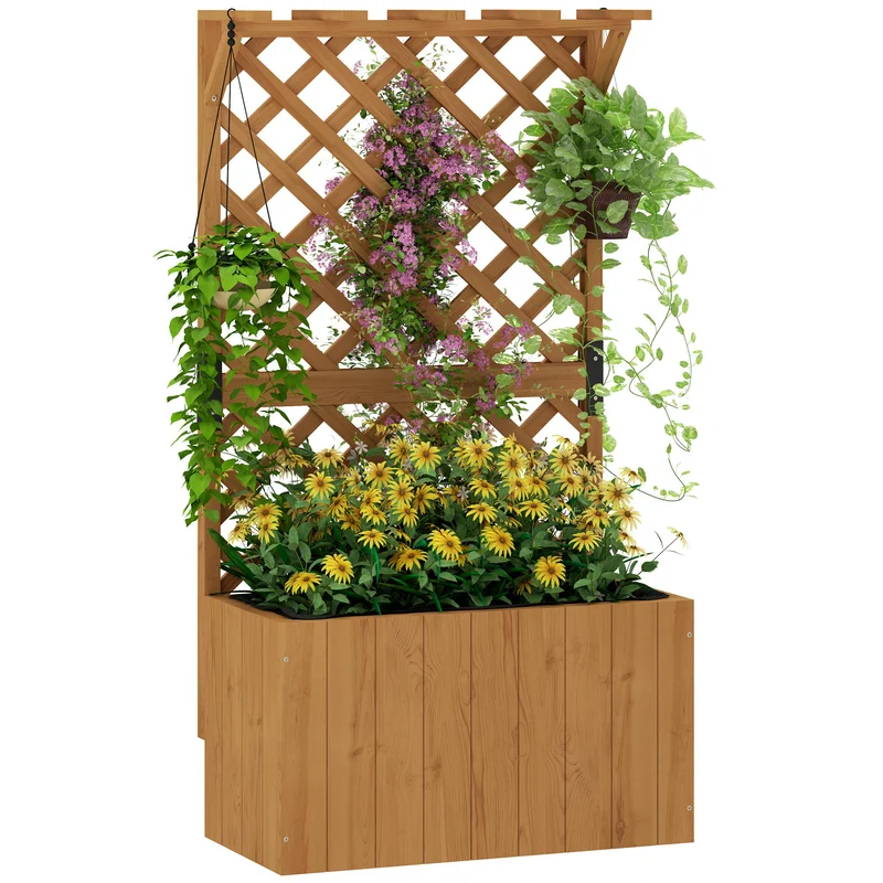 Potager surélevé jardinière avec treillis 64 x 33 x 122 cm drainage intégré insert en tissu rustique en bois naturel 21_0005531