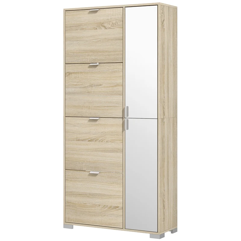 Meuble à chaussures d'entrée 82 x 30 x 168 cm rangement optimisé miroir intégré moderne épuré finition mate en MDF chêne 21_0002718