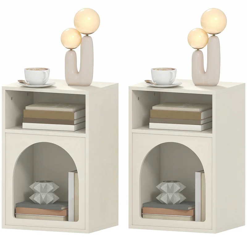 Lot de 2 tables de chevet arqué 40 x 30 x 60 cm 2 compartiments ouverts rangement optimisé design scandinave en MDF crème 21_0003738