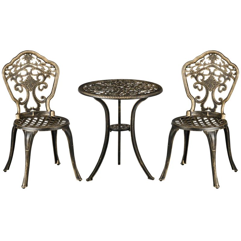 Ensemble bistrot jardin 2 places 88 x 60 x 52 cm emplacement parasol assise ergonomique rustique en aluminium bronze 21_0005141